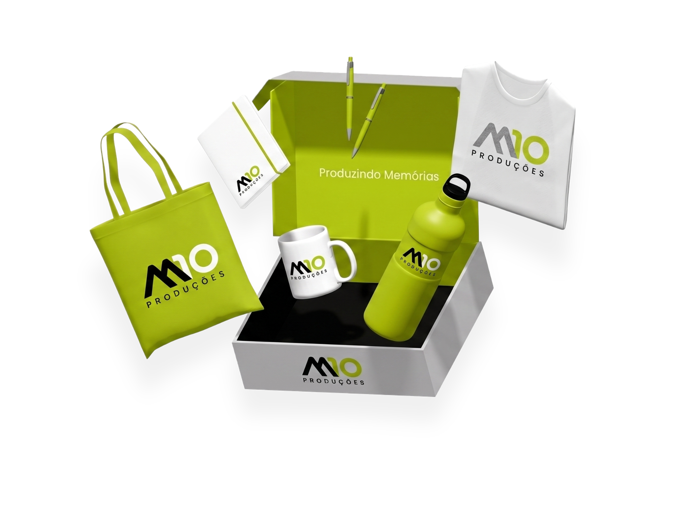 Caixa de presente M10 aberta com interior lima, cercada por ecobag, caderno, canetas, caneca, garrafa e camiseta com o logo M10 flutuando.